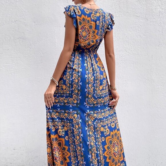 Navy Blue Casual Womens Scarf Print Ruffle Trim Split Thigh Dress Withou… - Picture 4 of 5